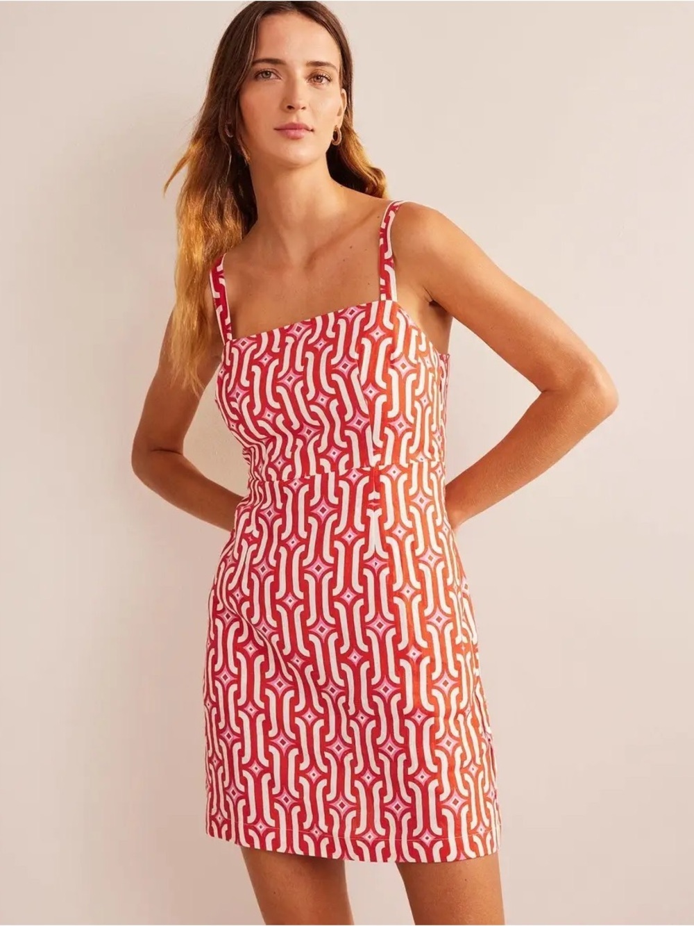 Boden Strappy Linen Mini Dress Vibrant Red Geometric Pattern NWT